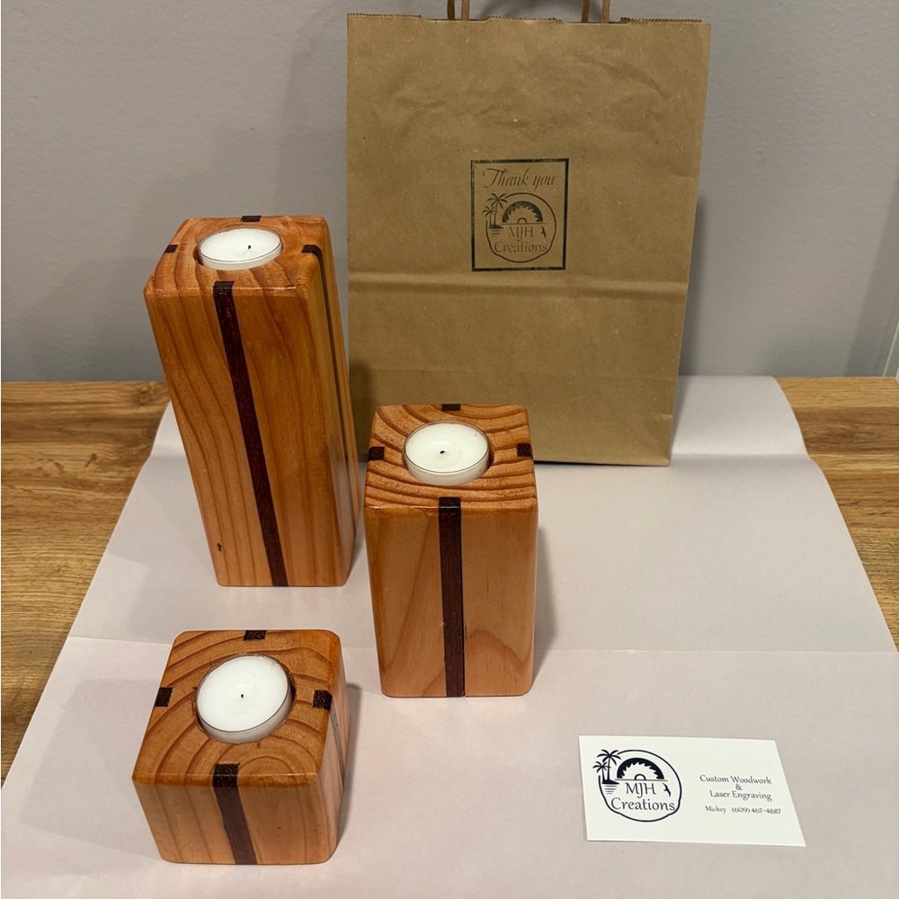 Handmade Wooden Candle Holder Set with Padauk Inlay